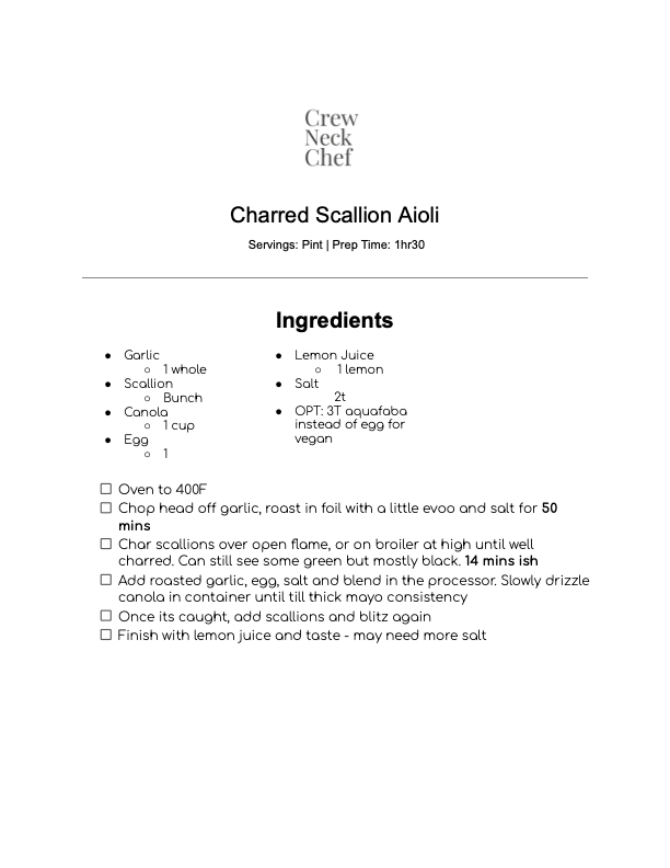 Crewneck Chef recipe for a Charred Scallion Aioli