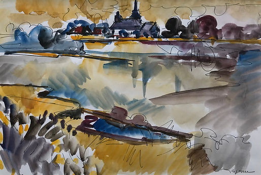 Bord de Loire à Saint Benoit, vers 1980, aquarelle et encre sur papier, 34 x 23 cm (collection particulière, Paris)