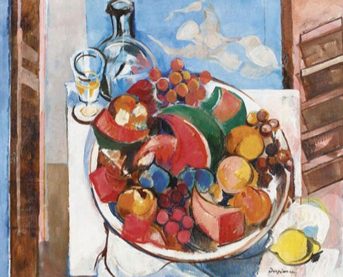Nature morte aux fruits, vers 1985, huile sur toile, 65 x 81 cm (vente Dobiaschofsky Auktionen à Bern 07/5/10, Lot 678)