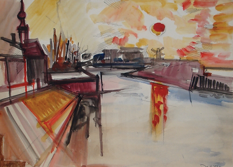 Coucher de soleil sur Weere, vers 1960, aquarelle, 27 x 37 cm (Galerie Marcel Guiot ; vente Ader 11/04/13, Lot 97 ; Galerie Ibiltari, Paris)