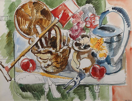 La table de jardin, vers 1990, aquarelle et encre, 48 x 62,5 cm (Galerie Daniel Besseiche ; collection particulière, Paris)