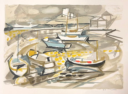 Santorin, village et barques, lithographie, 50 x 66 cm