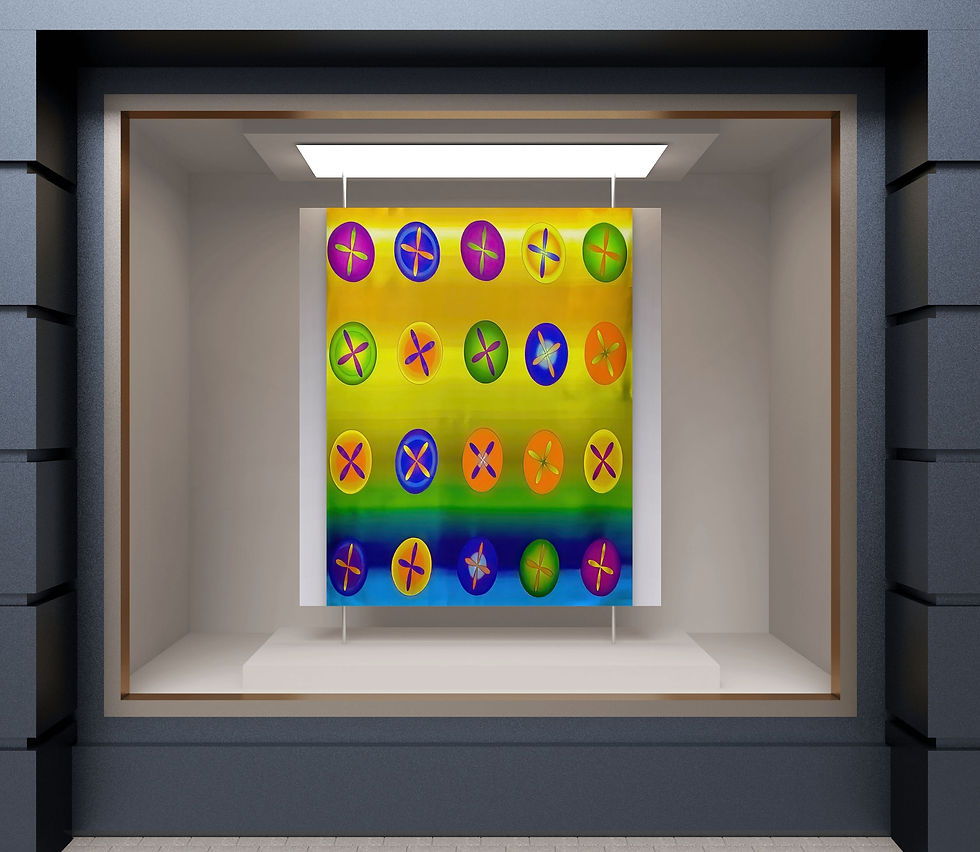 Simultaneous Contrast Stars, 2021, 36 x 54 inches, acrylic silkscreen inks on 100% Charmeuse Silk fabric by artist Rossi Kelton