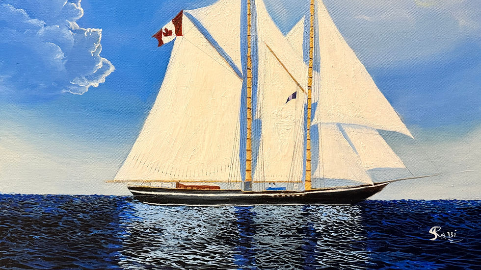Rossi Kelton's 'Bluenose: Canadian Schooner II' (2012) Oil on canvas, https://www.rossikeltonfineartgallery.com/product-page/bluenose-ii-canadian-racing-schooner-18-x-24-inches
