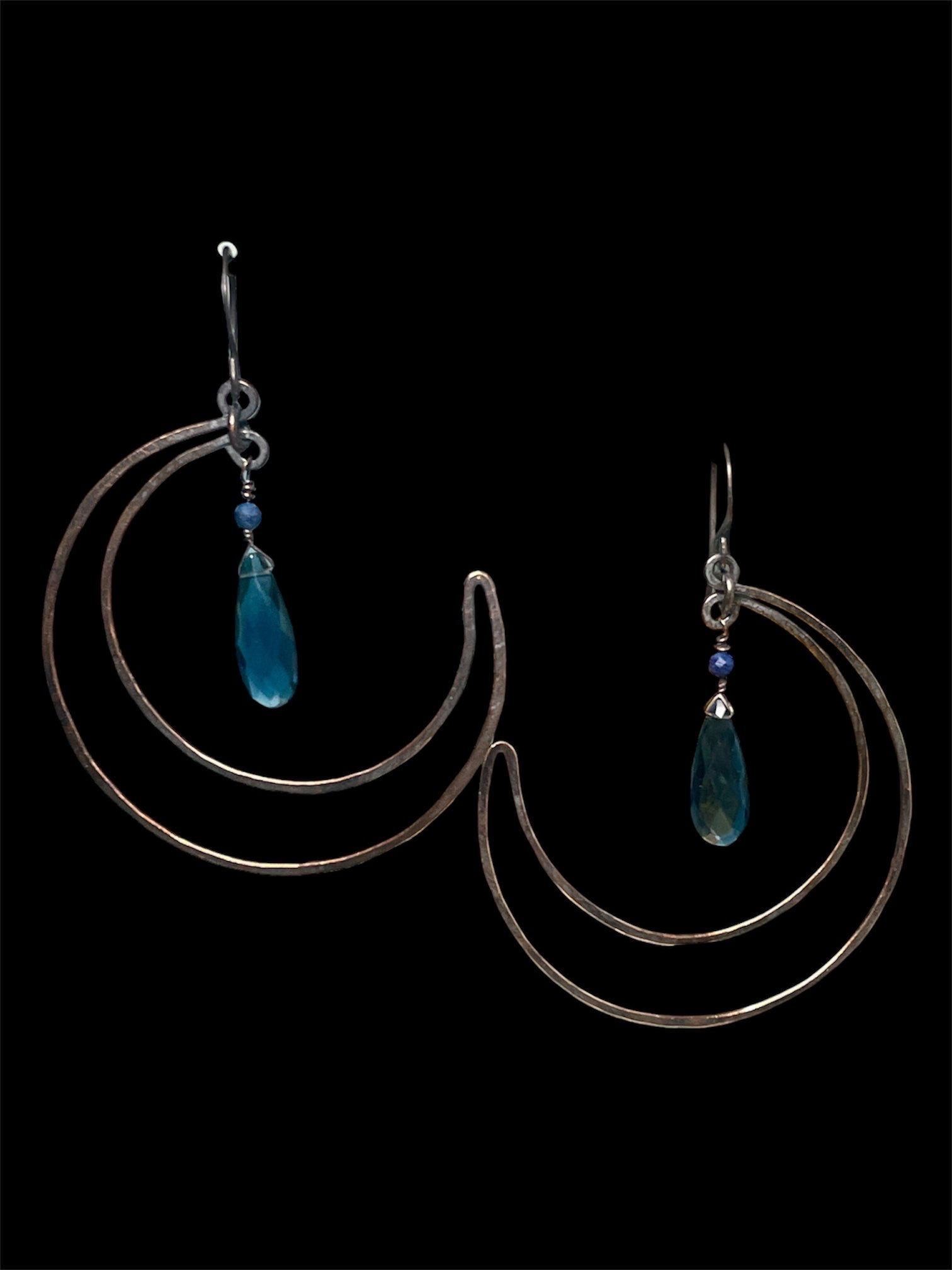 Hekate's Whisper— Hammered Crescent Moon Earrings with Blue Kyanite