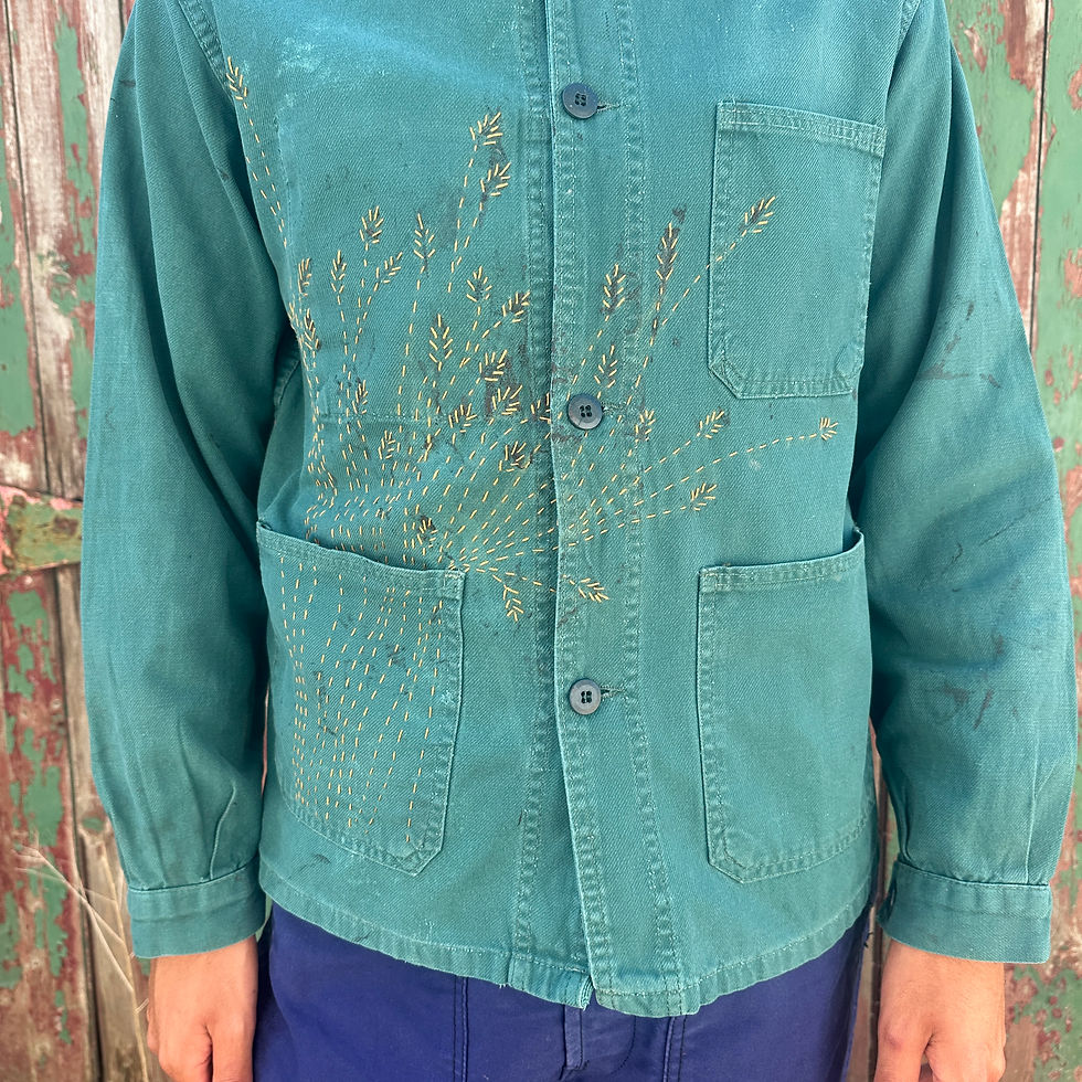 Thumbnail: M/L Sashiko Style Reworked Green Jacket Embroidered