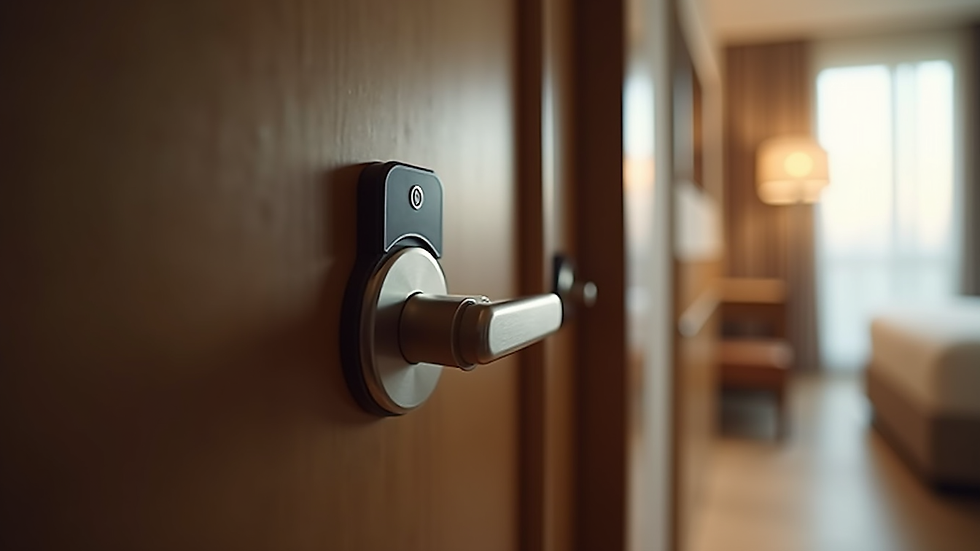 Close-up view of a hotel room door with a digital RFID lock