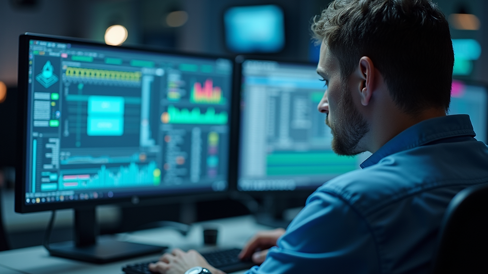 Close-up view of a technician monitoring IT systems remotely