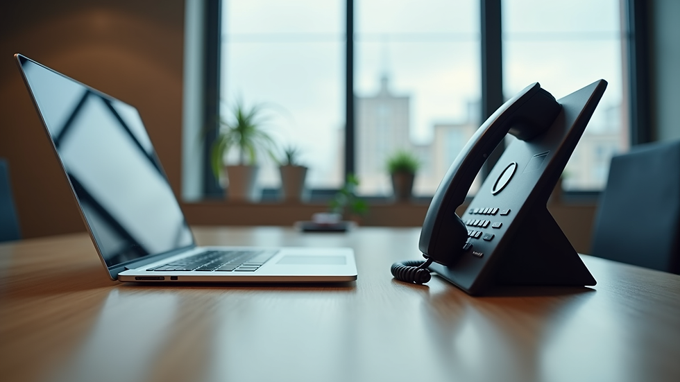 Eye-level view of modern office desk with VoIP phone and laptop