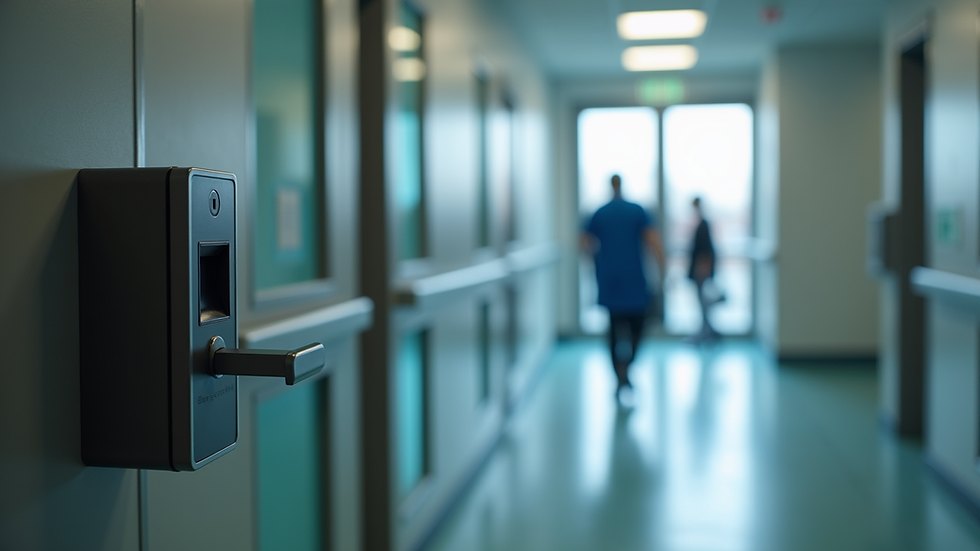Close-up view of a secure RFID card reader installed at a hospital entrance