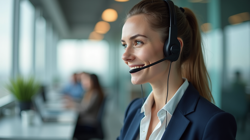 Close-up view of a business professional using a VoIP headset in an office