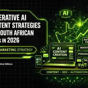 Small business owner in South Africa using generative AI tools to create digital marketing content.
