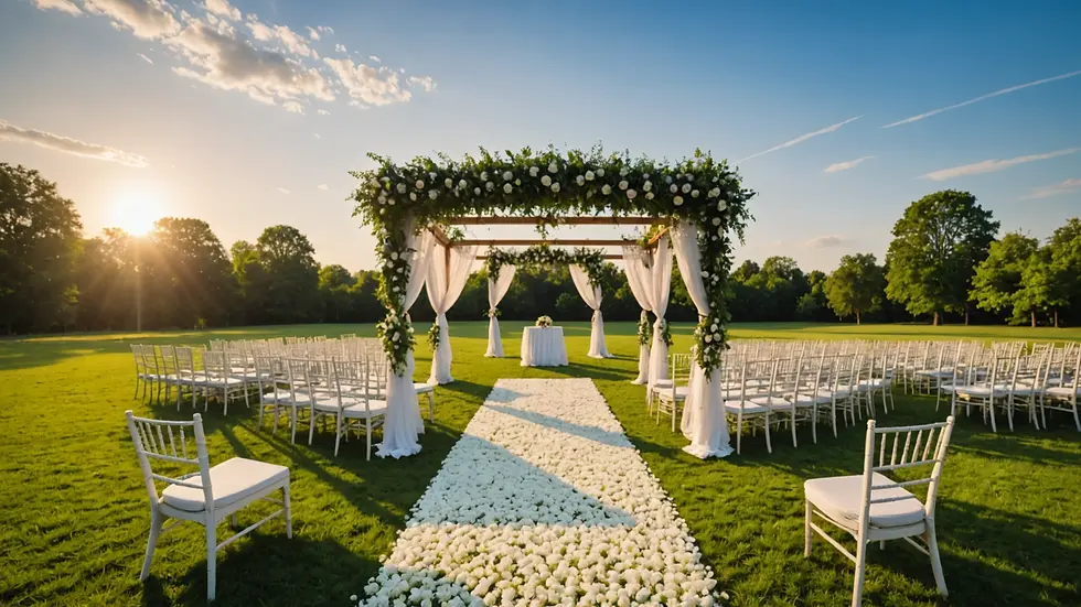 Wide angle view of an enchanting outdoor wedding setup