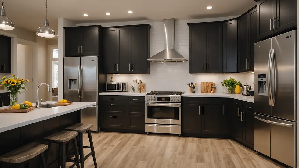 Wide angle view of a beautifully staged kitchen showcasing modern appliances