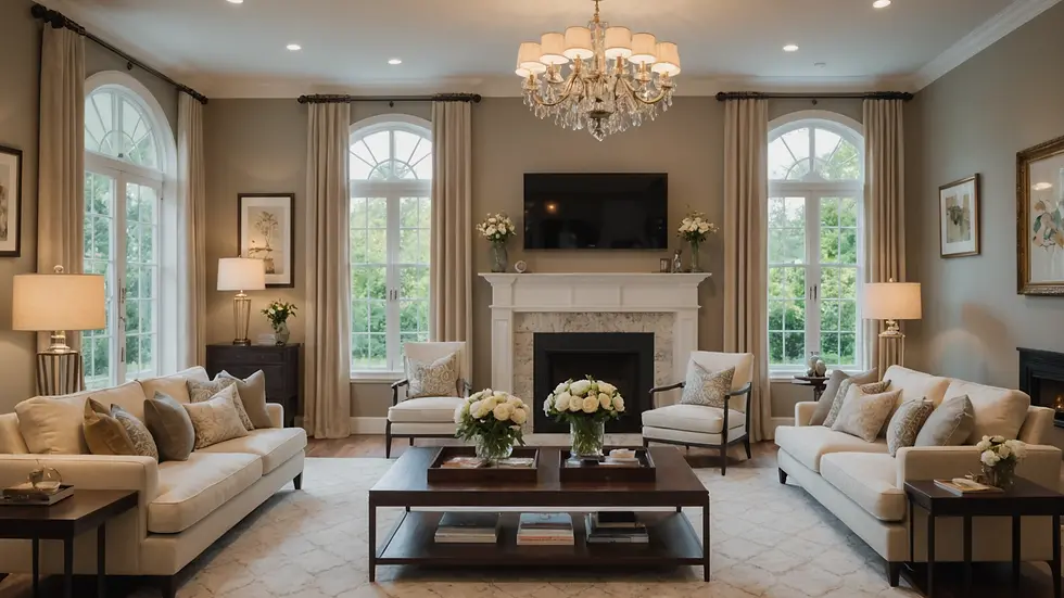 Eye-level view of a meticulously staged living room emphasizing space and elegance