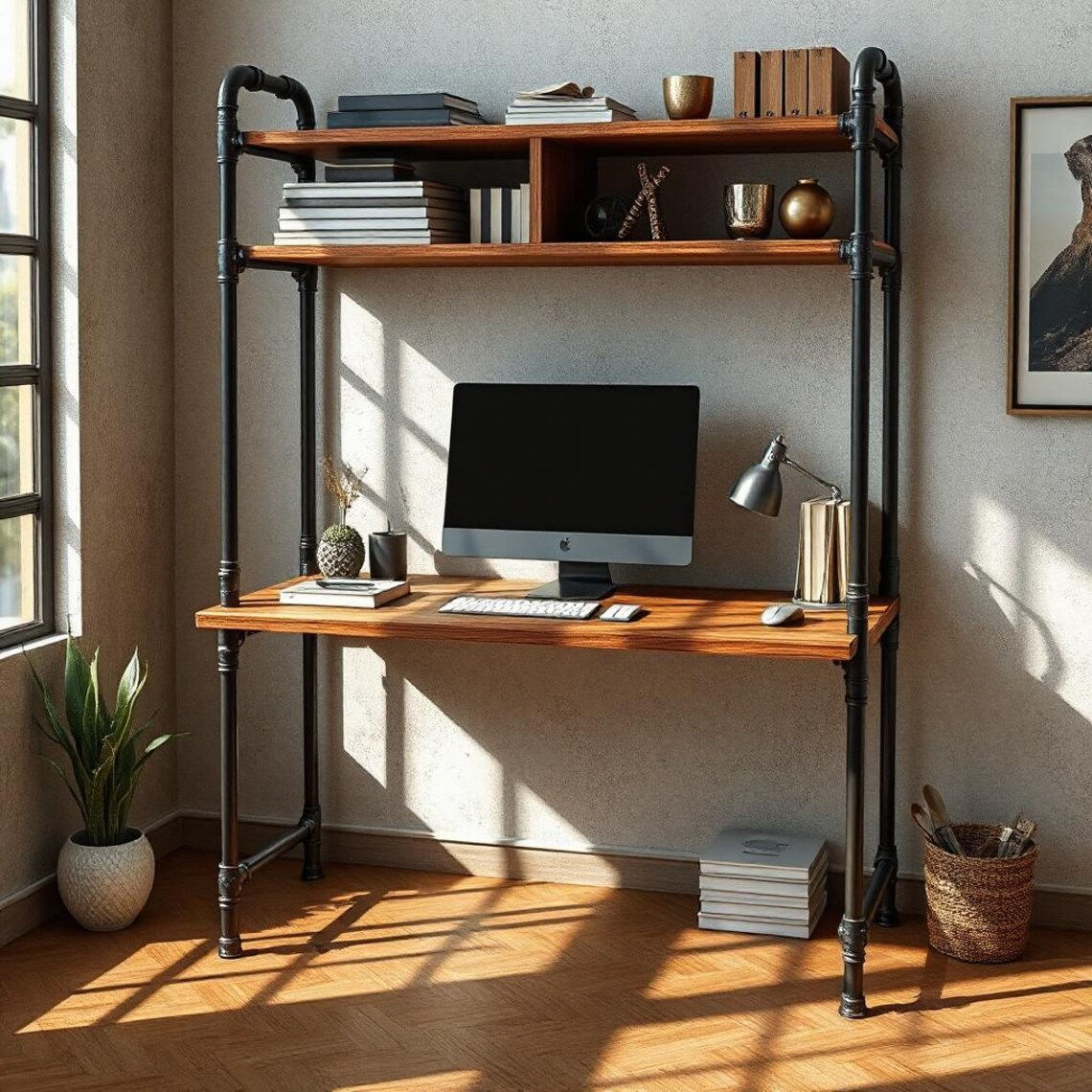 Industrial style computer desk-shelve book case wall shelve unit made of round i