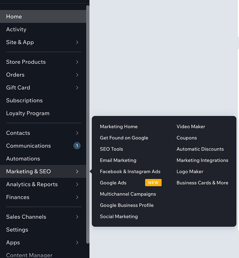 Wix dashboard