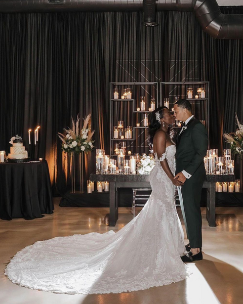 Photo of happily married couple at their wedding reception