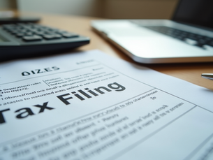 Small business tax filing setup with documents and calculator