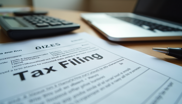 Eye-level view of a desk with tax documents, calculator, and laptop