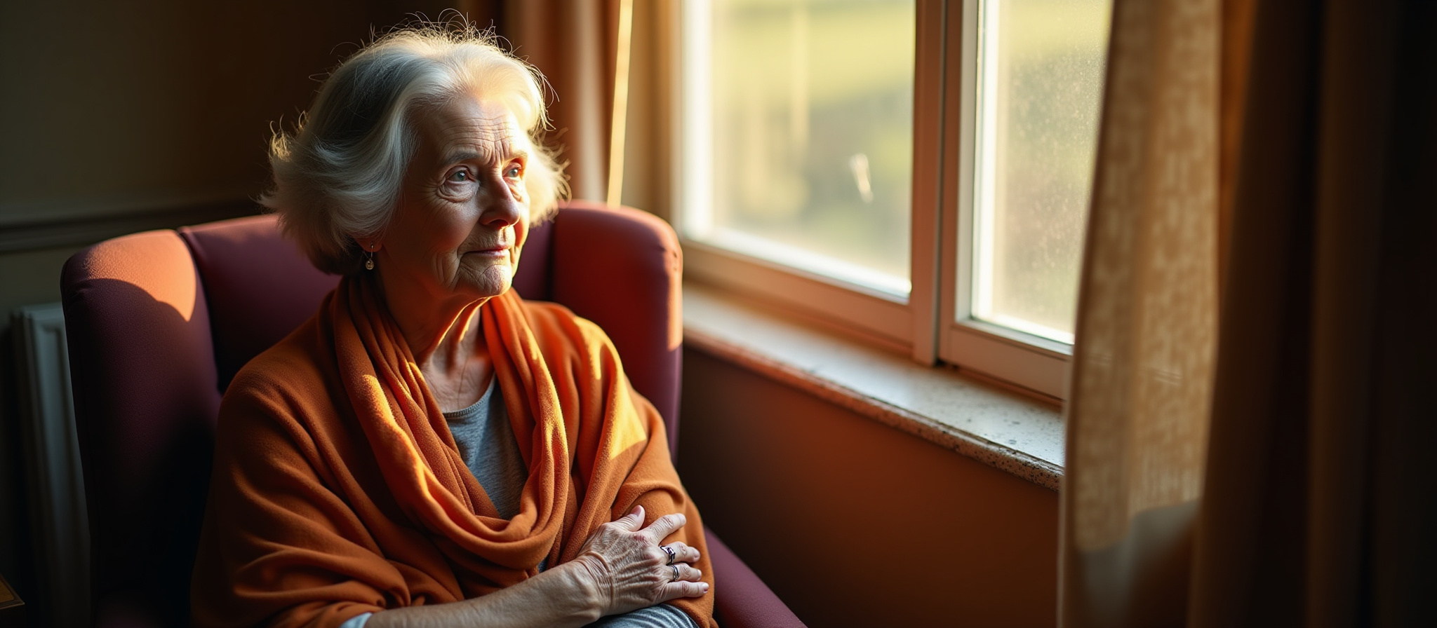 An elderly woman sits in her armchair, looking out a picture window into a daytime scene.