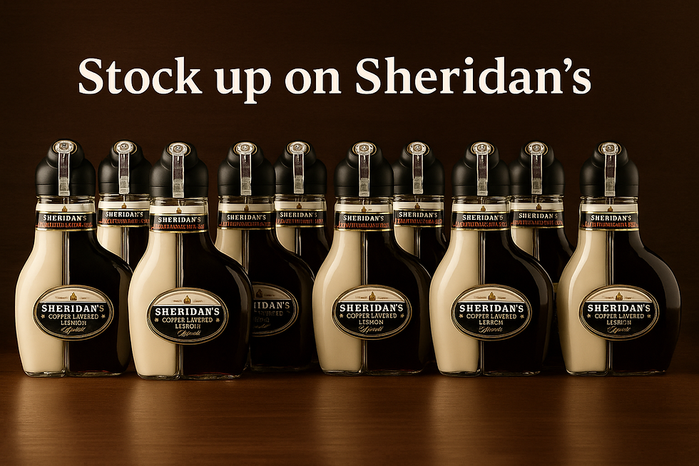 Bottles of Sheridan’s liqueur displayed in a row on a wooden surface with text "Stock up on Sheridan’s" against a brown background.