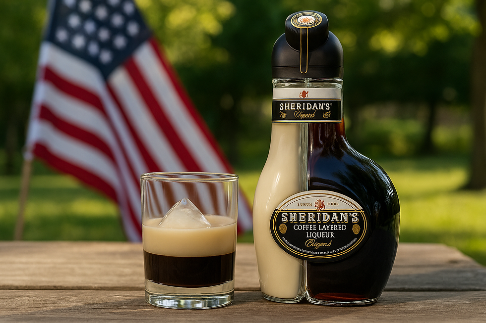 Sheridan’s Coffee Layered Liqueur beside festive Labor Day table setting