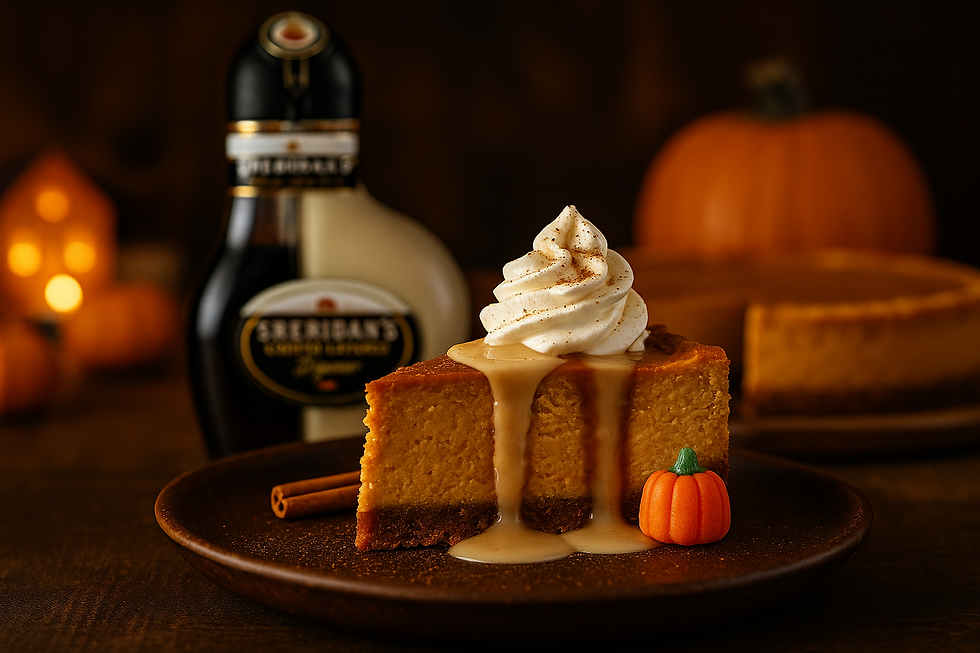 Pumpkin cheesecake slice with cream topping and syrup on a plate, mini pumpkin decoration, Sheridans bottle, warm autumn setting.