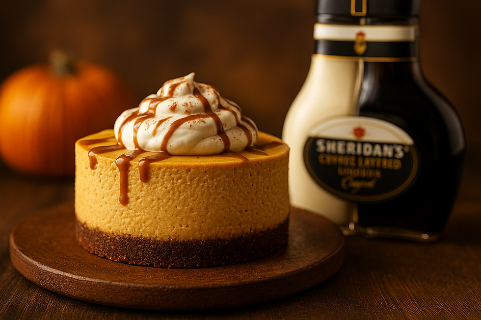 Pumpkin Pie cheesecake with whipped cream and caramel drizzle on a wooden plate. Sheridan's bottle and pumpkin in the blurred background. Cozy mood.