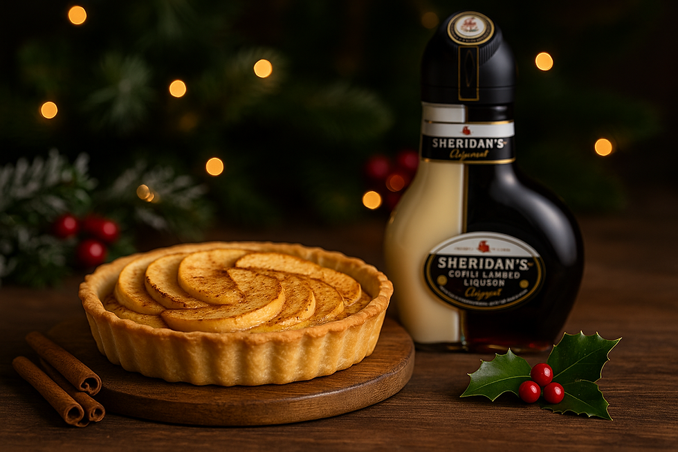Spiced Apple Tart glazed with Sheridan’s Coffee Layered Liqueur styled as a festive holiday cocktail-inspired Christmas dessert