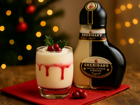 Sheridan’s Cranberry Cream Cocktail topped with whipped cream and berries