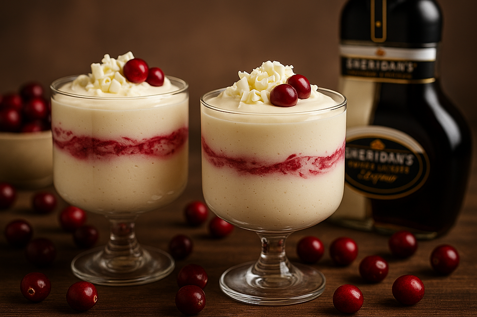 Two dessert glasses with creamy cranberry white chocolate mousse, red swirl, topped with whipped cream and berries. Sheridans bottle and cranberries in background.