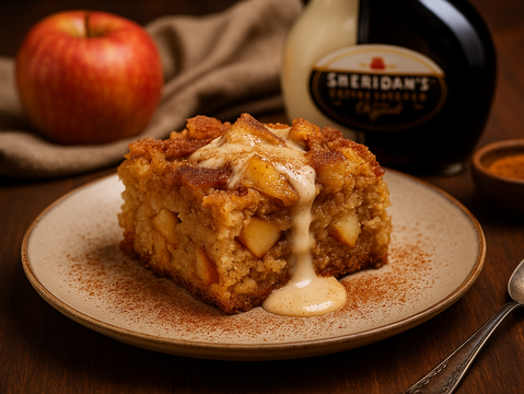 Sheridan’s Apple Bread Pudding baked golden with apple slices.