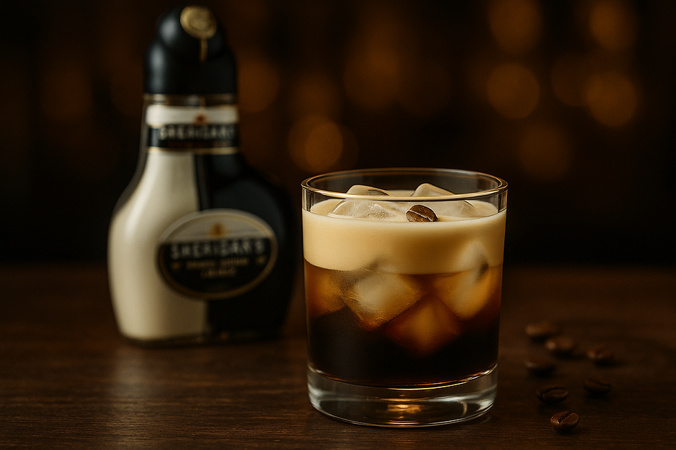Sheridan’s Black Russian cocktail served over ice in a short glass, with a Sheridan’s Coffee Layered Liqueur bottle beside it.