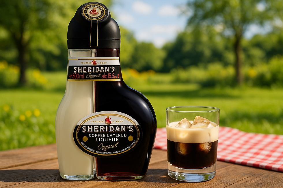Sheridan's coffee liqueur bottle and glass with iced drink on wooden table. Sunny park with green grass and trees in background.
