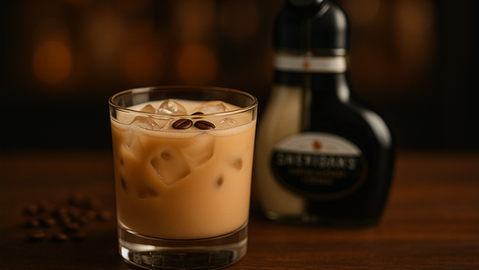 Sheridan’s White Russian cocktail in a rocks glass over ice, creamy tan colour, Sheridan’s bottle blurred in the background.