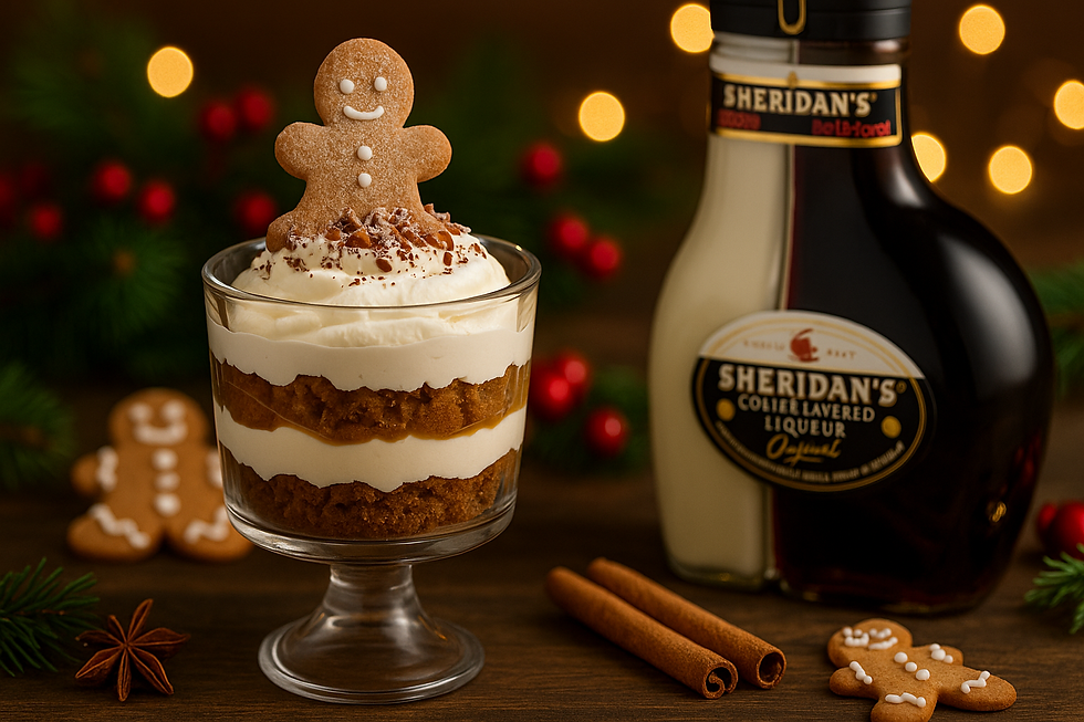 Sheridan’s Trifle layered with sponge, custard, berries, and cream styled as a Christmas drinks idea