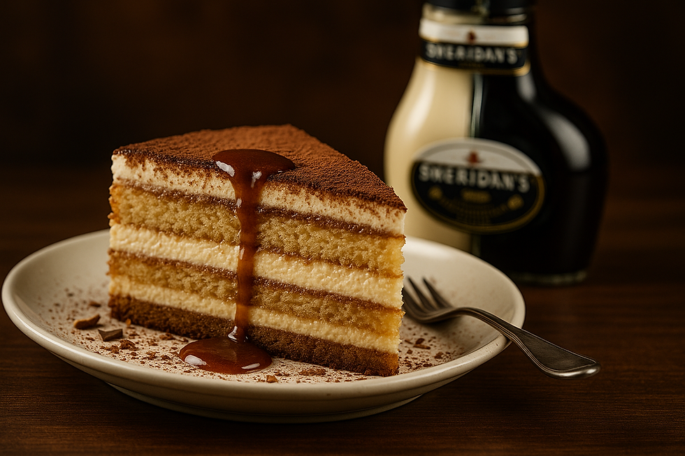 Sheridan’s Layered Dessert in a glass showing cream and coffee layers, topped with cocoa powder.
