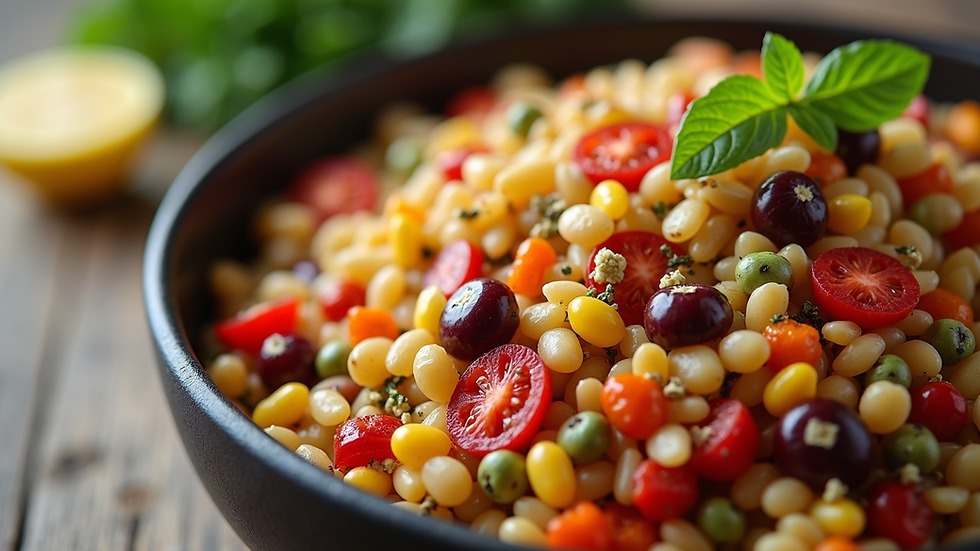 Close-up view of a bowl of colorful mixed whole grains and vegetables