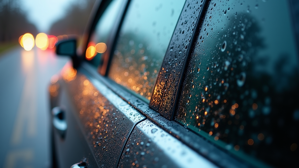 Close-up view of a car window with water beading after fönsterbehandling