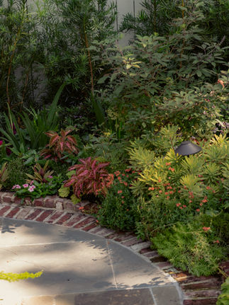 Meeting Green garden in downtown Charleston - cottage garden with bluestone and brick path, annuals, and perennials