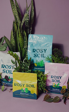 An assortment of aesthetically branded Rosy Soil against a purple backdrop