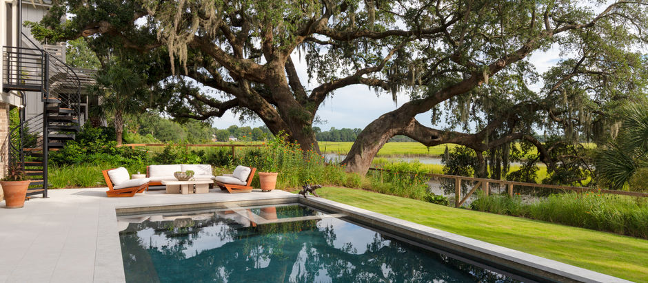 A back coastal modern oasis in Charleston, SC with a rectangle pool, sleek touches, and textured plant material like muhly grass, milkweed, selloums, and various palms. The backyard backs up to the marsh and the plant material seamlessly blends the home with the landscape. 