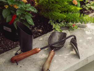 Garden tools resting on a concrete bench in Charleston, SC