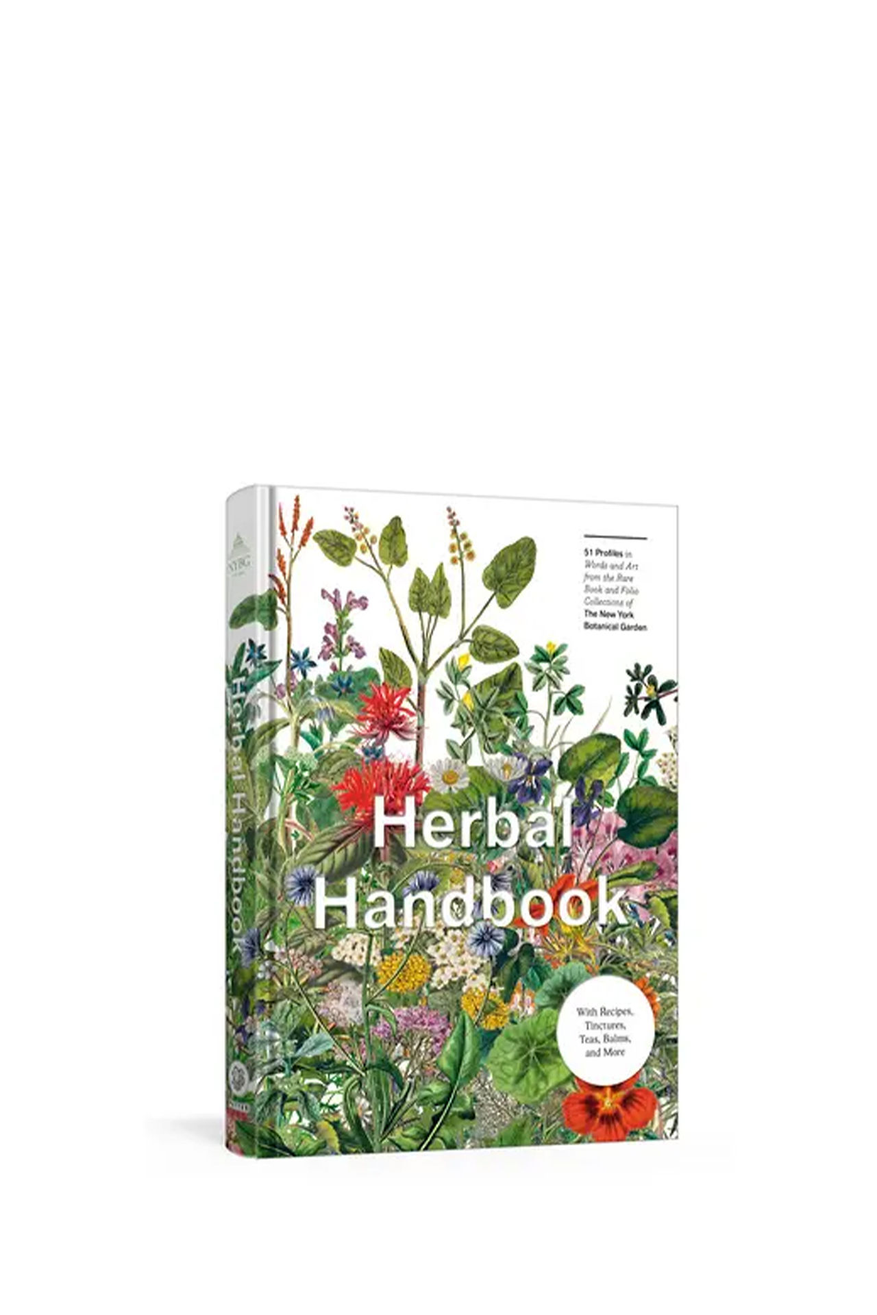 White background with a book titled Herbal Handbook with a colorful floral and foliage.