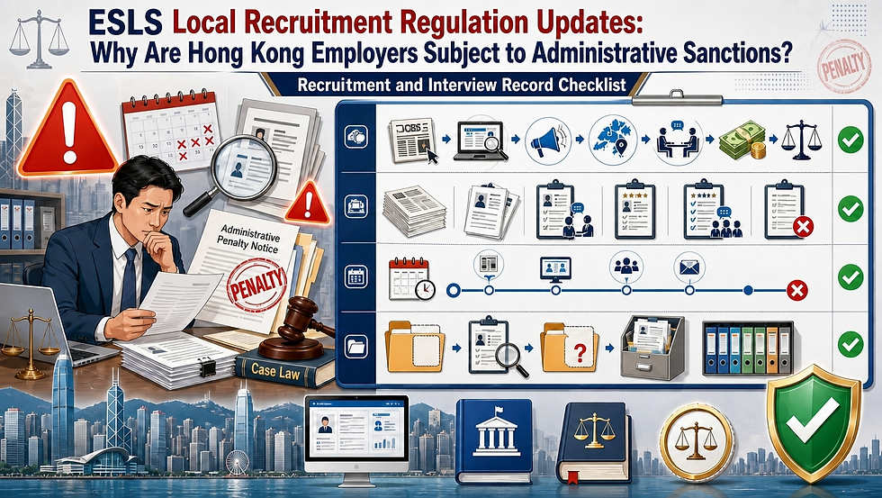 Hong Kong employer and HR professional reviewing ESLS local recruitment advertisements, interview records and imported labour application documents