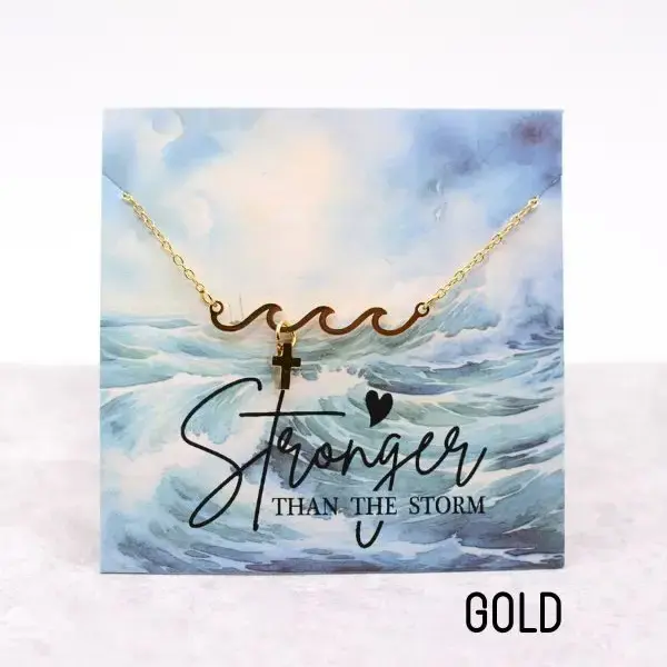 Gold Scripture Faith Necklace Stronger than the Storm Wave Cross