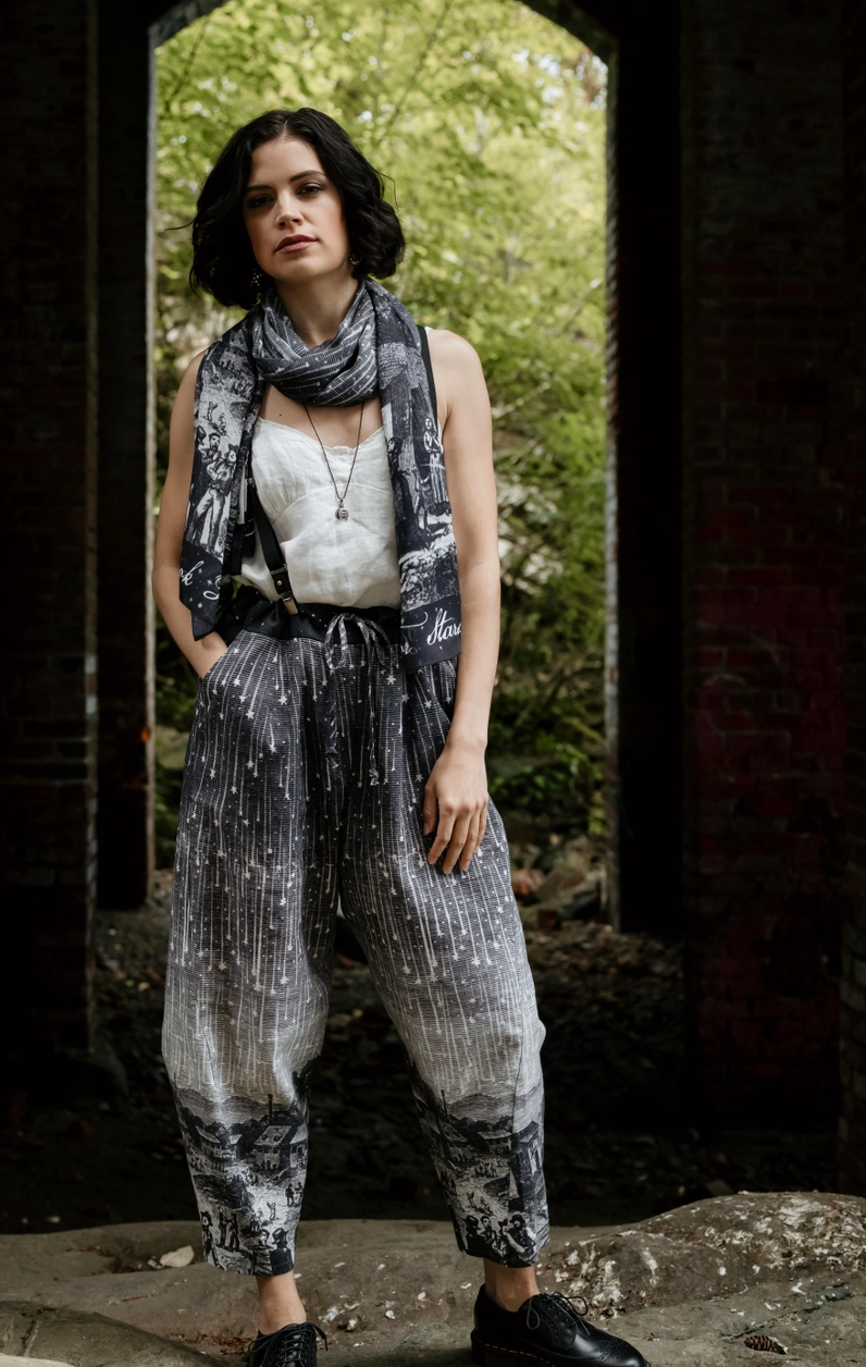 Stargazer Boho Linen Falling Star Print Cropped Artist Pants
