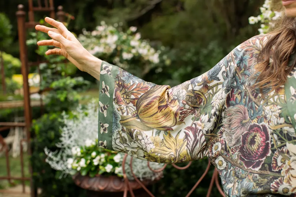 Market of Stars Love Grows Wild Floral Bamboo Cropped Kimono with Bees sleeve close up