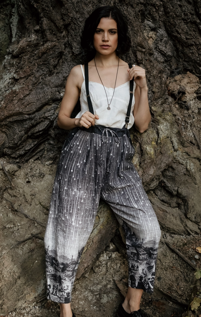 Stargazer Boho Linen Falling Star Print Cropped Artist Pants